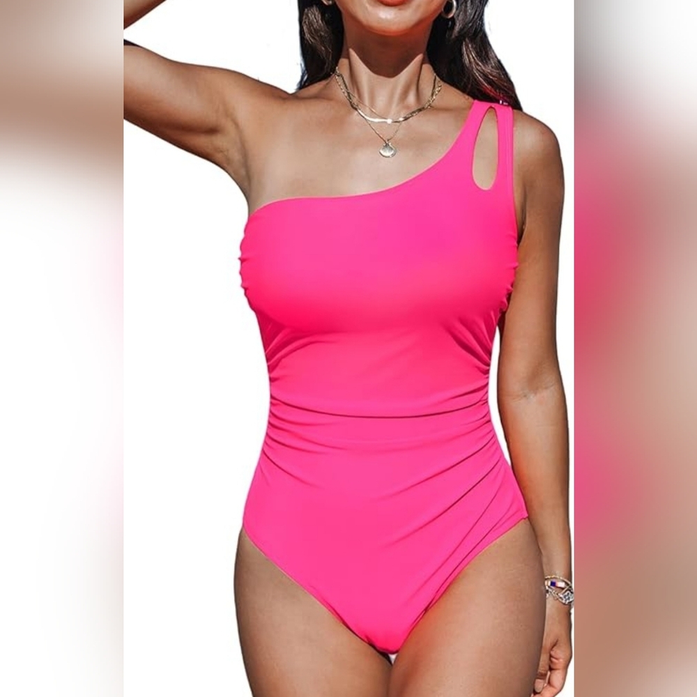 CUPSHE One Shoulder, One Piece Swimsuit Tummy Control Hot Pink Size Large